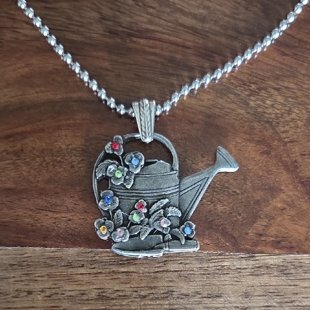 Vintage Silver Watering Can Pendant Necklace 20"